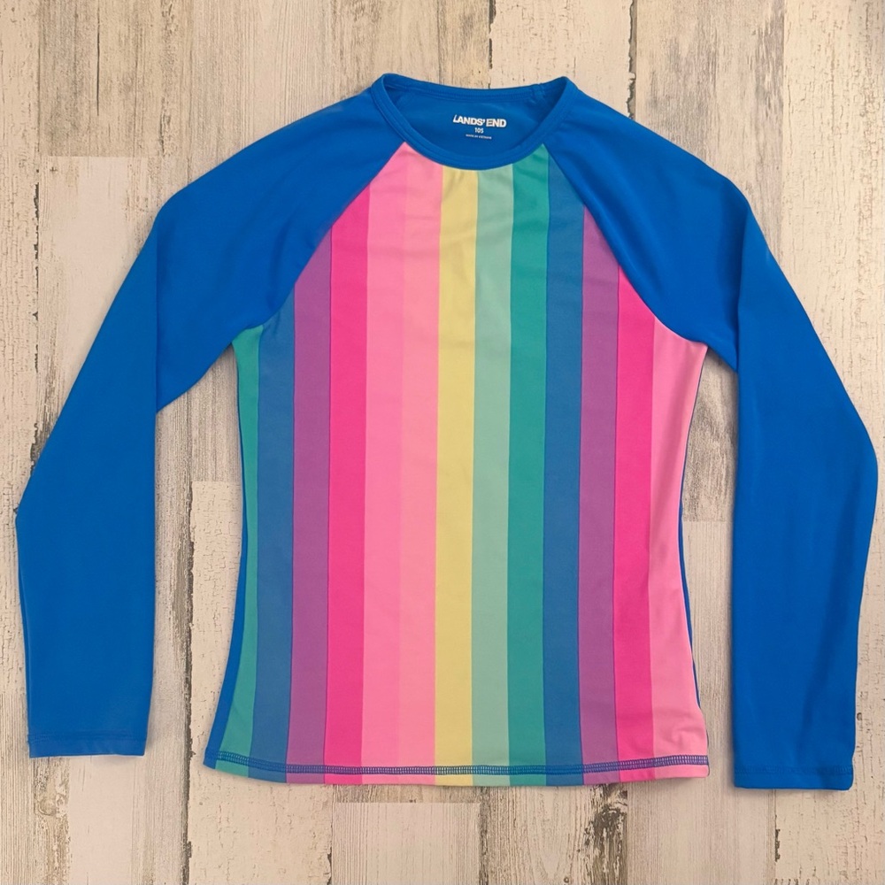 Lands' End Girls' Long Sleeve Rashguard - Blue with Rainbow Stripes